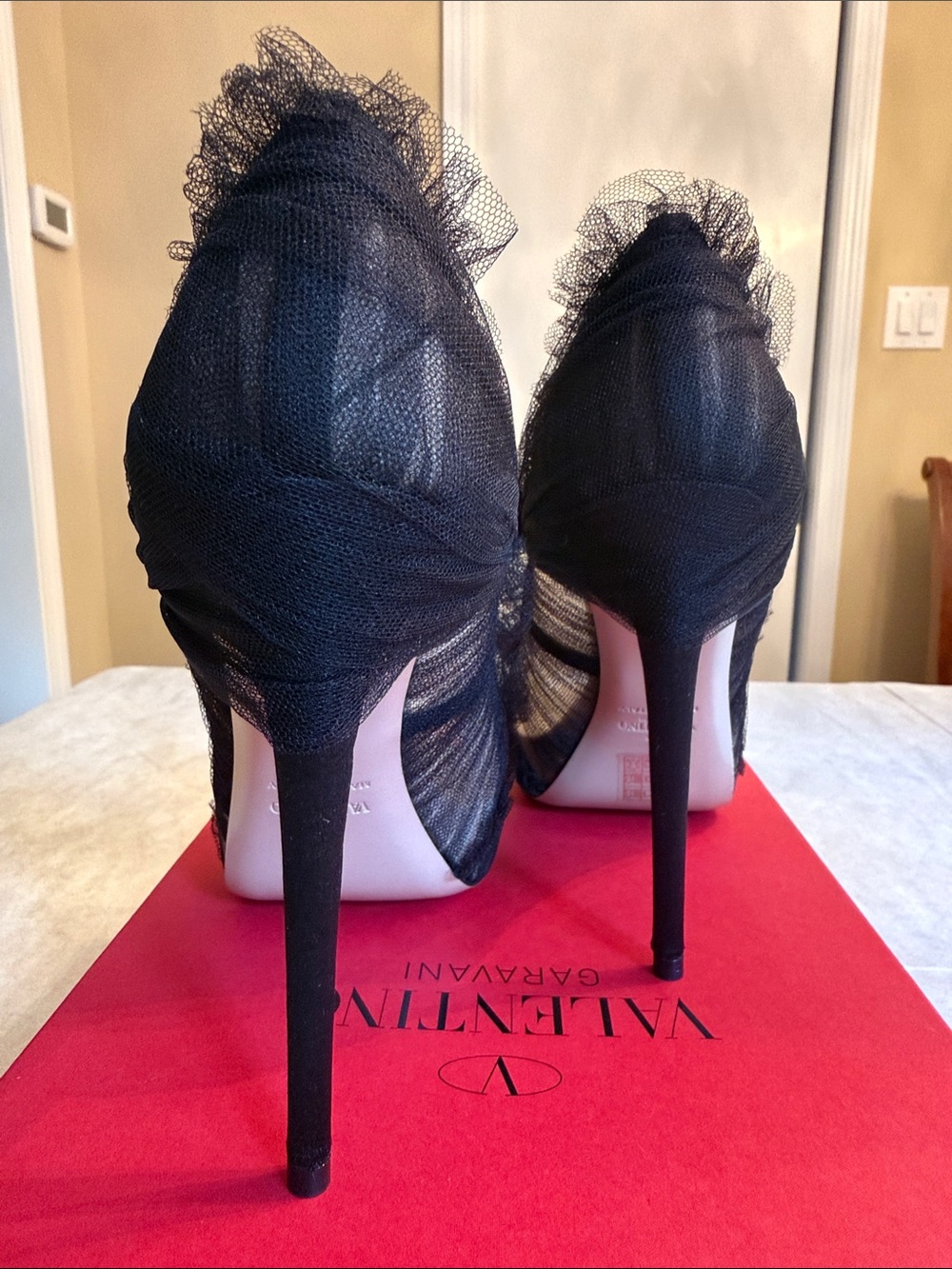 Valentino Black Lace Peep-Toe Pumps with Ruffle Trim - Picture 6 of 10
